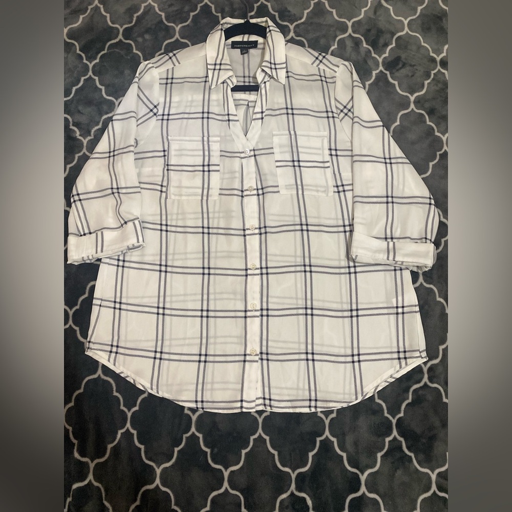 FORTUNE+IVY White Plaid Loose Blouse Large